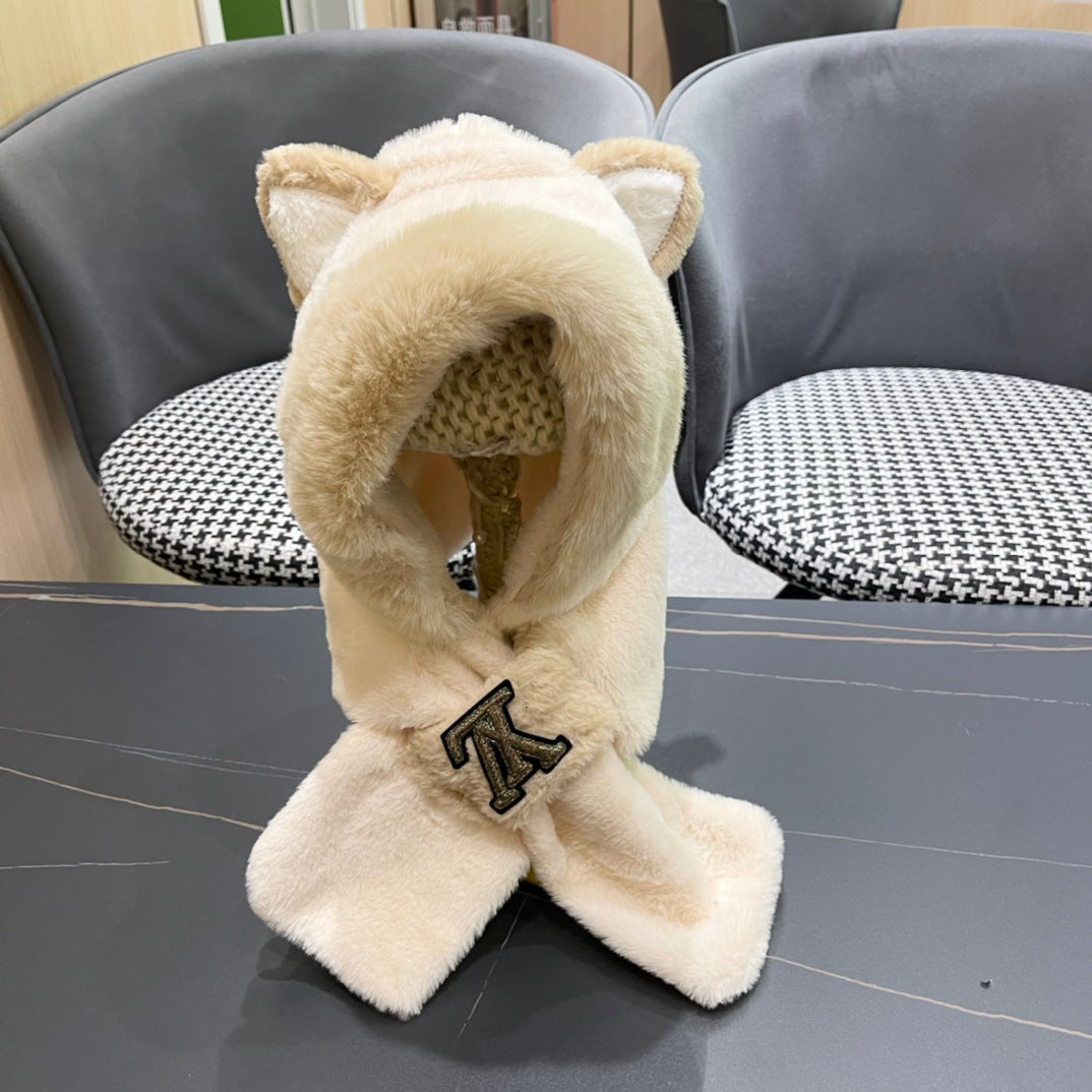 LOUIS VUITTON PLUSH EARMUFFS HAT IN BEIGE WOOL AND FOX FUR 403462