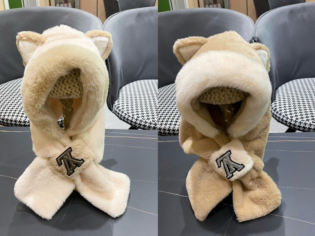 LOUIS VUITTON PLUSH EARMUFFS HAT IN BEIGE WOOL AND FOX FUR 403462