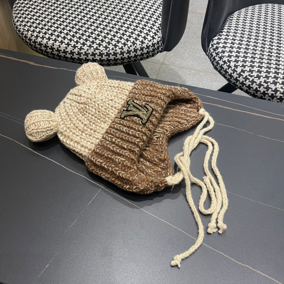 LOUIS VUITTON KNITTED BEANIE HAT WITH CUTE EARS IN BEIGE MIX BROWN WOOL 403482