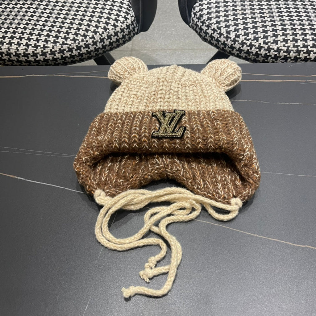 LOUIS VUITTON KNITTED BEANIE HAT WITH CUTE EARS IN BEIGE MIX BROWN WOOL 403482