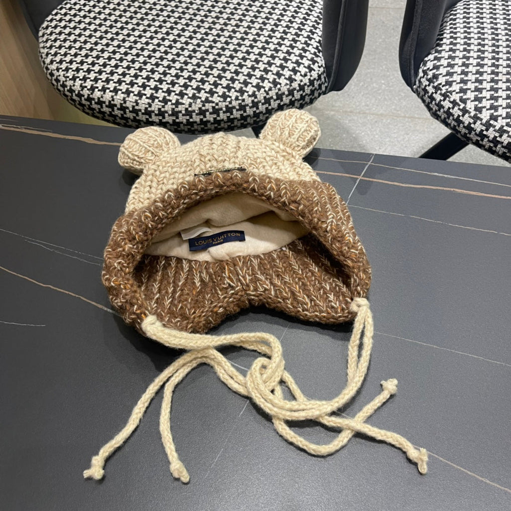 LOUIS VUITTON KNITTED BEANIE HAT WITH CUTE EARS IN BEIGE MIX BROWN WOOL 403482