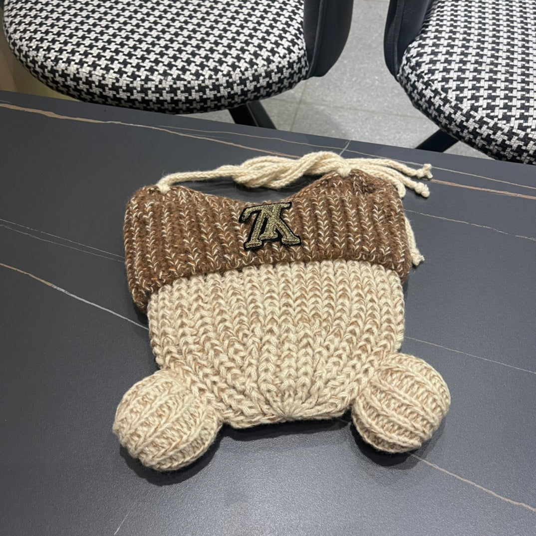 LOUIS VUITTON KNITTED BEANIE HAT WITH CUTE EARS IN BEIGE MIX BROWN WOOL 403482
