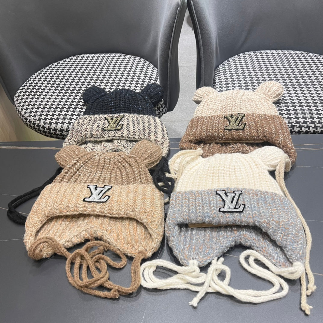 LOUIS VUITTON KNITTED BEANIE HAT WITH CUTE EARS IN BEIGE MIX BROWN WOOL 403482