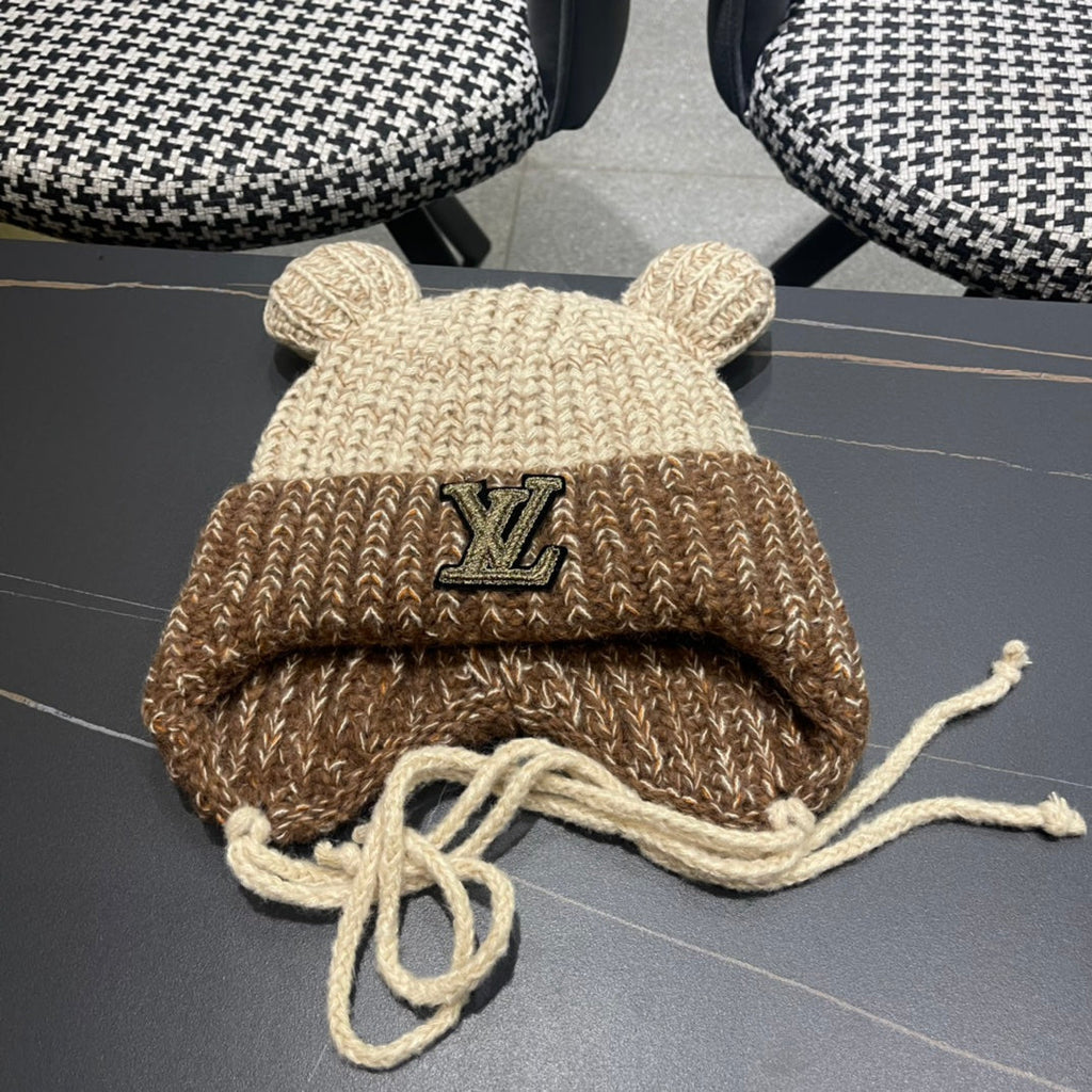 LOUIS VUITTON KNITTED BEANIE HAT WITH CUTE EARS IN BEIGE MIX BROWN WOOL 403482
