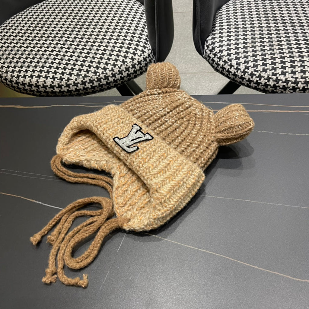 LOUIS VUITTON KNITTED BEANIE HAT WITH CUTE EARS IN PEANUT BROWN WOOL 403485