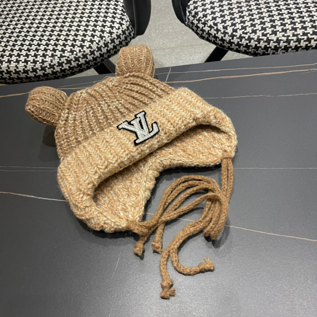 LOUIS VUITTON KNITTED BEANIE HAT WITH CUTE EARS IN PEANUT BROWN WOOL 403485