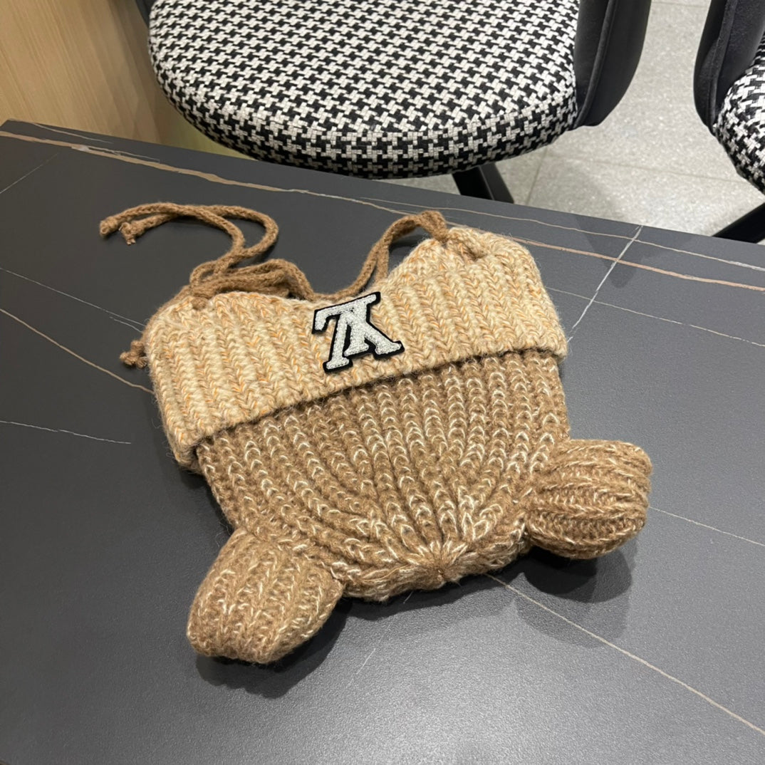 LOUIS VUITTON KNITTED BEANIE HAT WITH CUTE EARS IN PEANUT BROWN WOOL 403485