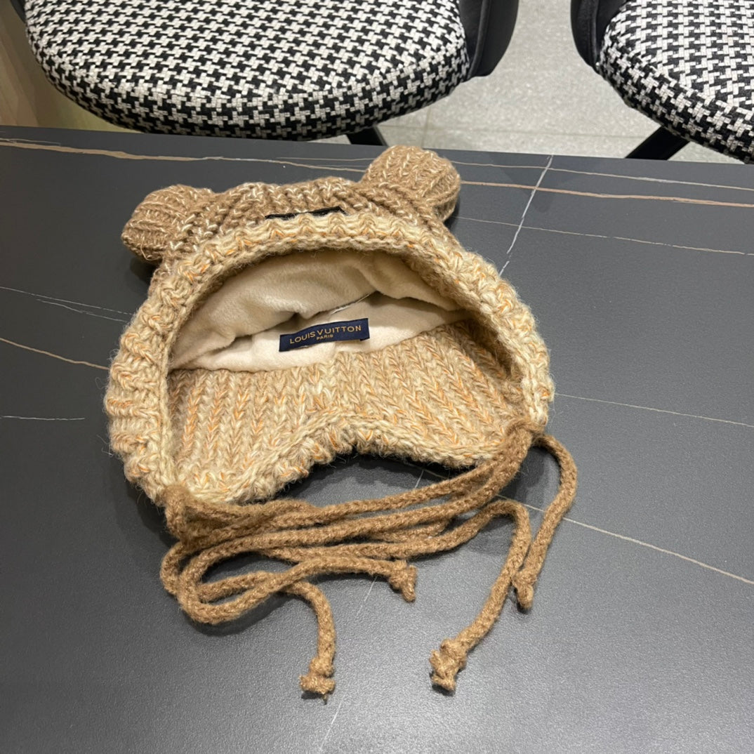LOUIS VUITTON KNITTED BEANIE HAT WITH CUTE EARS IN PEANUT BROWN WOOL 403485