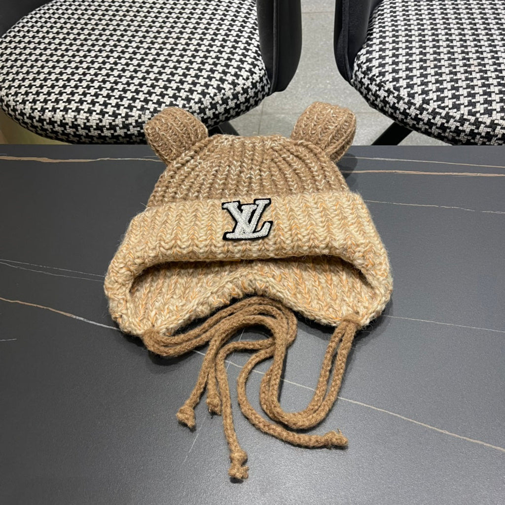 LOUIS VUITTON KNITTED BEANIE HAT WITH CUTE EARS IN PEANUT BROWN WOOL 403485
