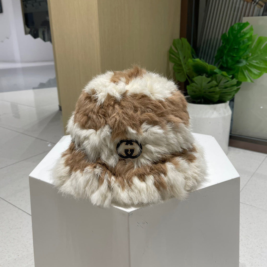GUCCI BUCKET HAT IN MEDIUM BROWN MIX WHITE RABBIT FUR 404638