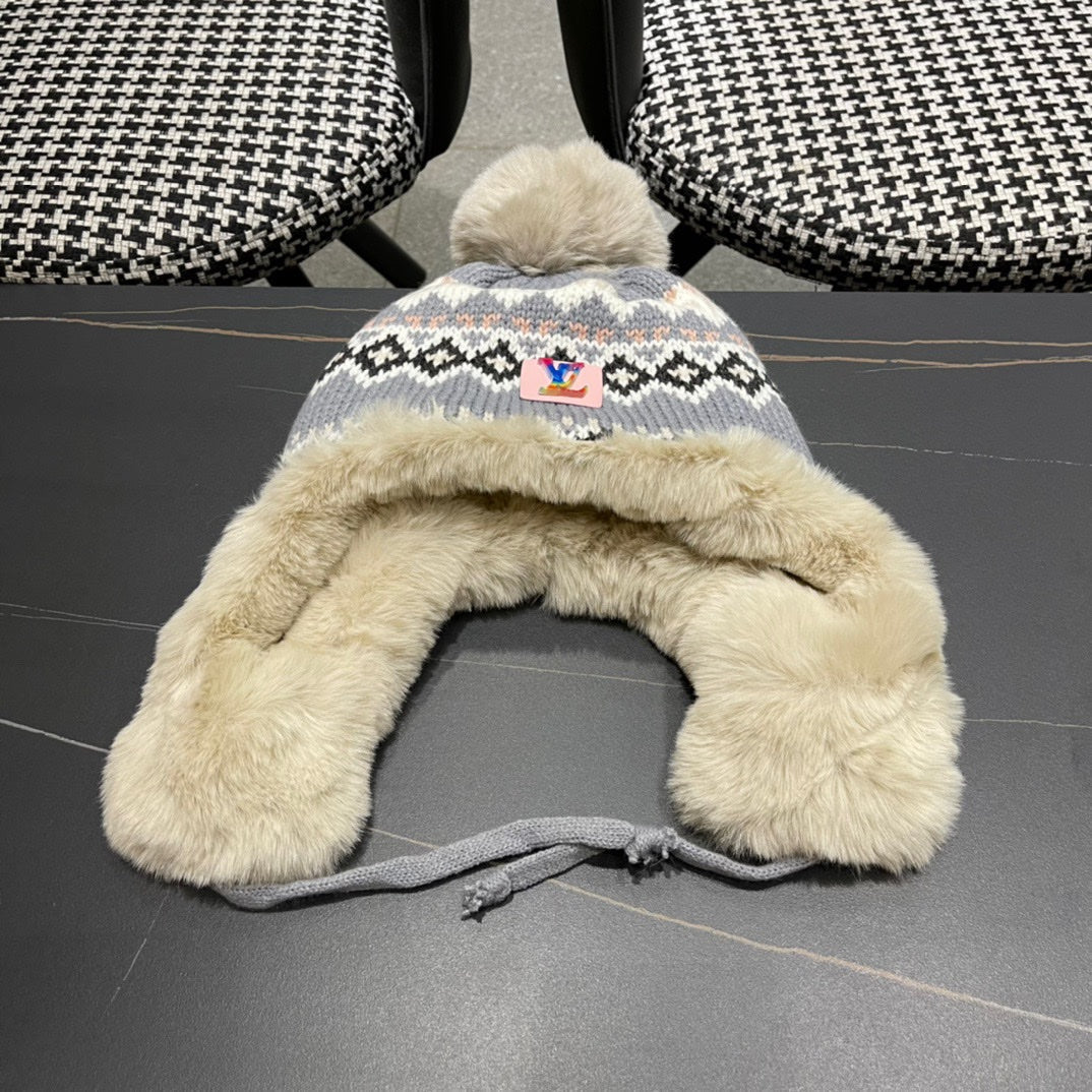 LOUIS VUITTON PLUSH EARMUFFS HAT IN COLORFUL WOOL AND RABBIT FUR 408172