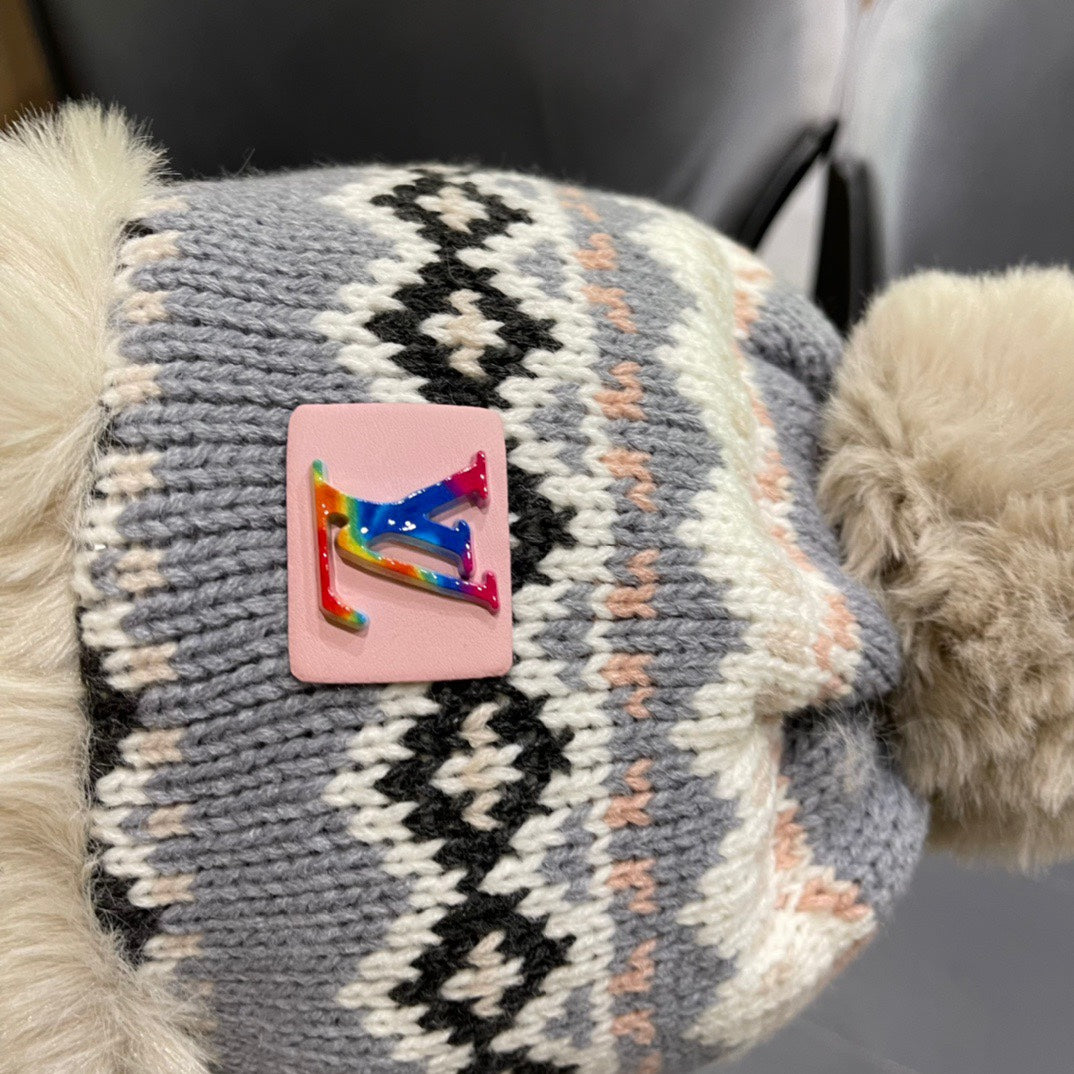 LOUIS VUITTON PLUSH EARMUFFS HAT IN COLORFUL WOOL AND RABBIT FUR 408172