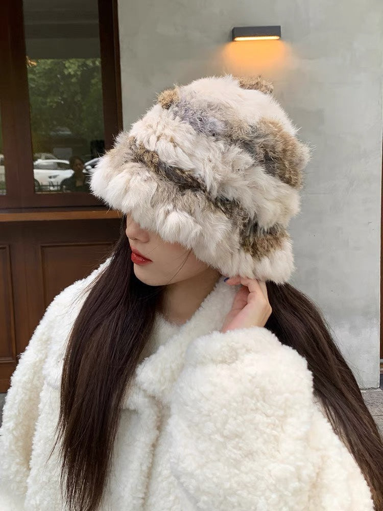 GUCCI BUCKET HAT IN BROWN MIX WHITE FLEECE 412797