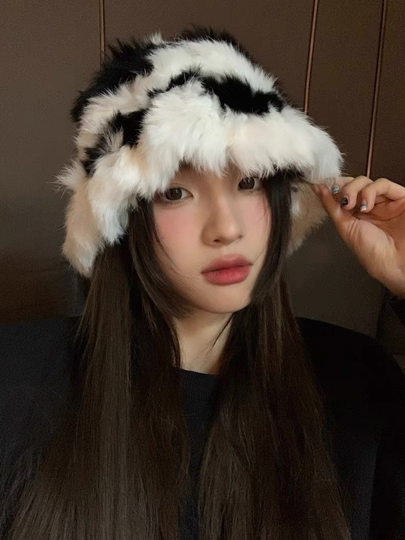 GUCCI BUCKET HAT IN BLACK MIX WHITE FLEECE 412798