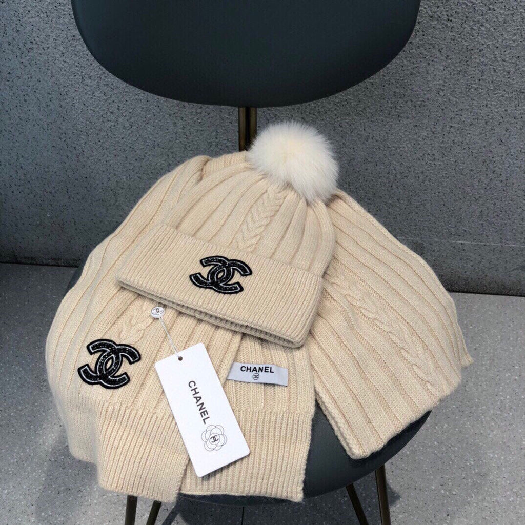 CHANEL SET SCARF AND HAT IN BISQUE BEIGE WOOL 420821