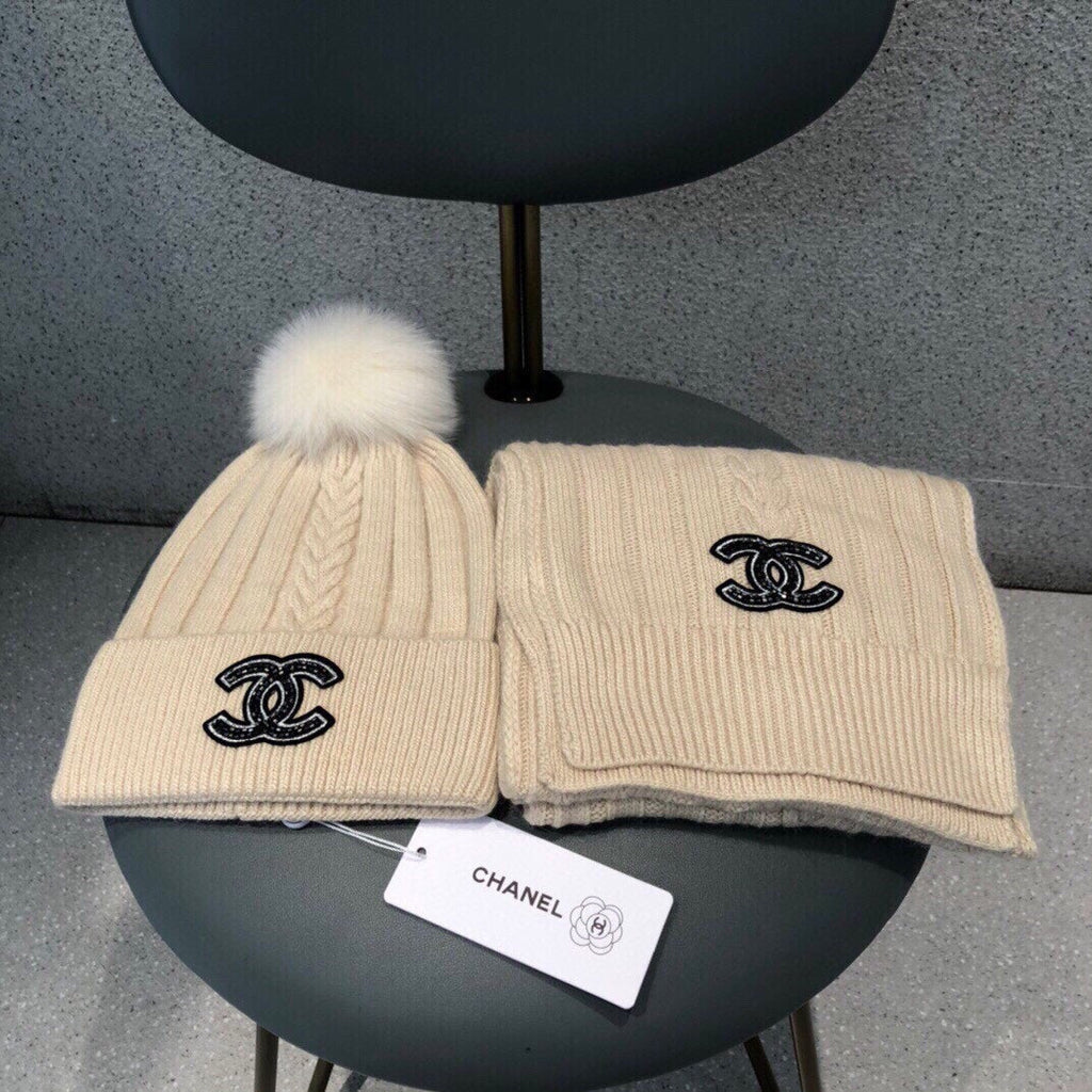CHANEL SET SCARF AND HAT IN BISQUE BEIGE WOOL 420821