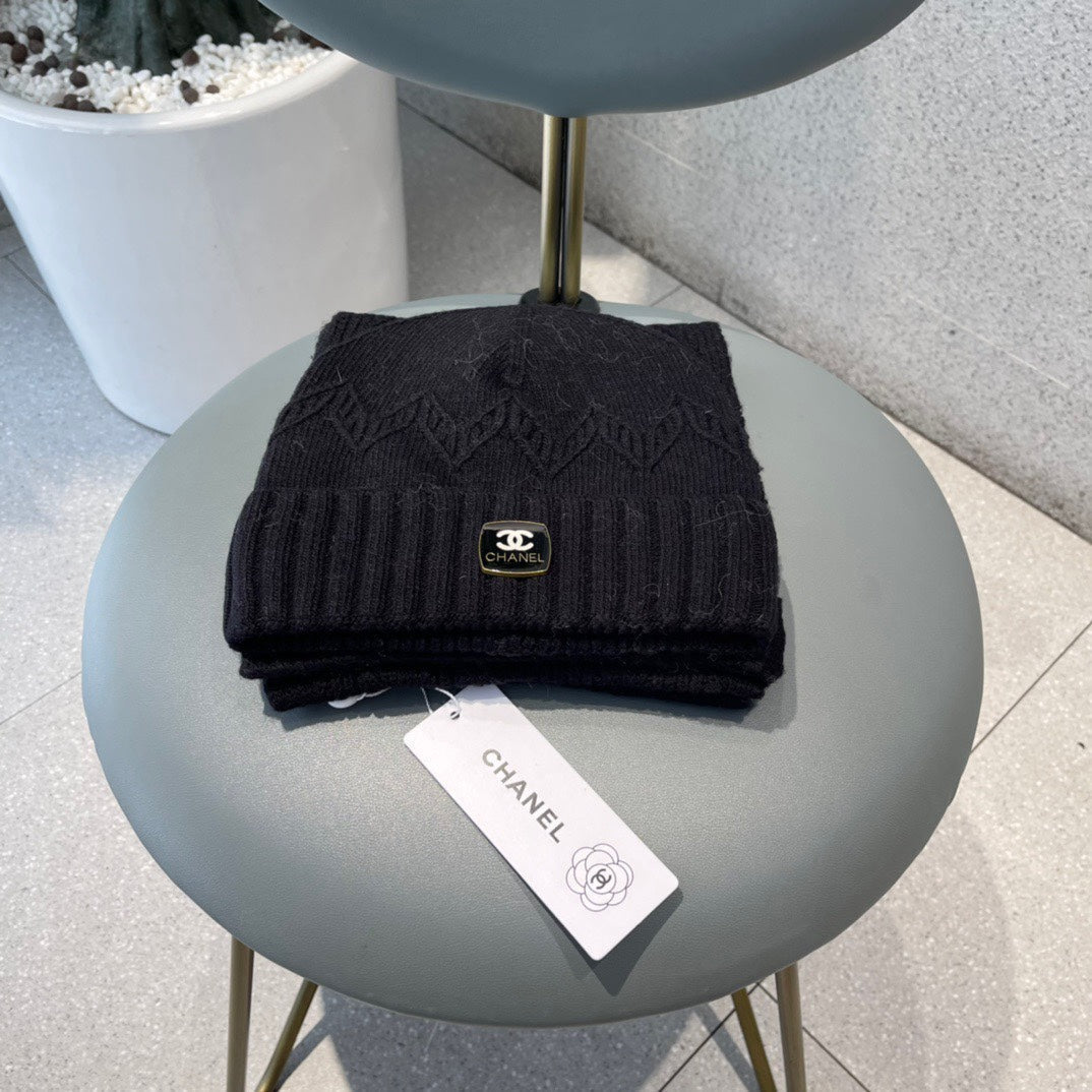 CHANEL WOOL KNIT HAT AND SCARF SET BLACK 420828
