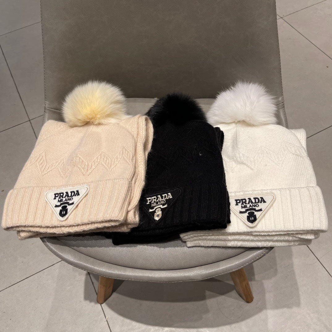 PRADA SET SCARF AND HAT IN BISQUE BEIGE CASHMERE AND RABBIT FUR 433245