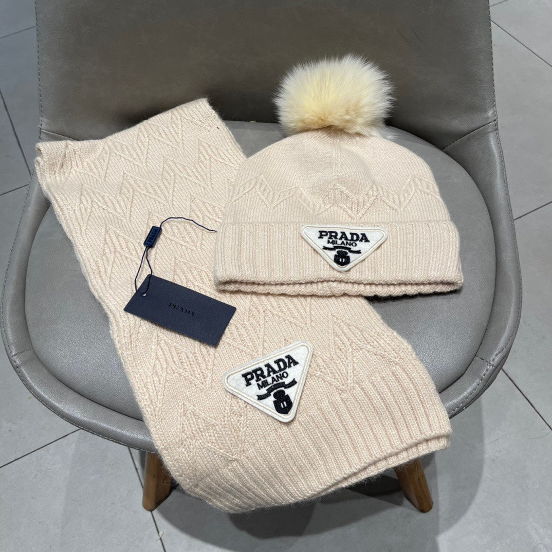 PRADA SET SCARF AND HAT IN BISQUE BEIGE CASHMERE AND RABBIT FUR 433245