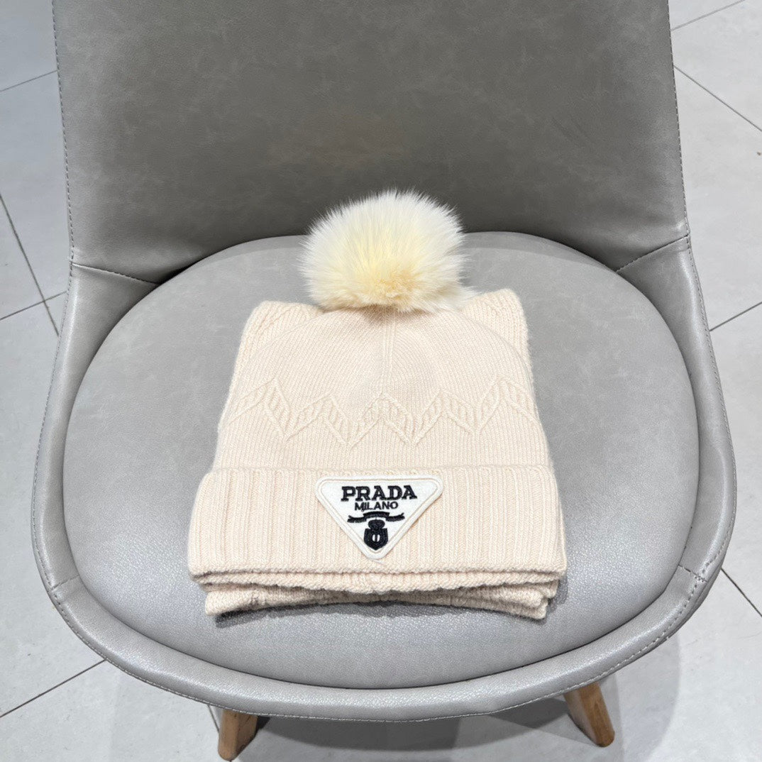 PRADA SET SCARF AND HAT IN BISQUE BEIGE CASHMERE AND RABBIT FUR 433245