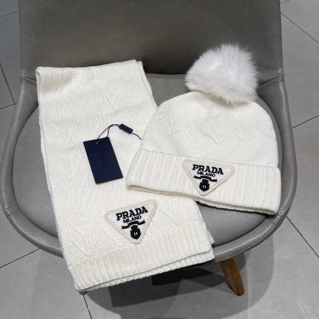 PRADA SET SCARF AND HAT IN WHITE CASHMERE AND RABBIT FUR 433247