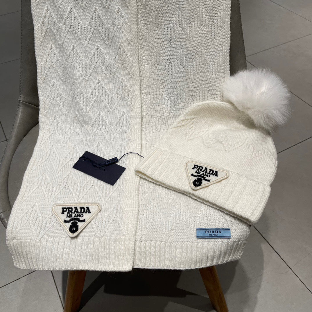 PRADA SET SCARF AND HAT IN WHITE CASHMERE AND RABBIT FUR 433247