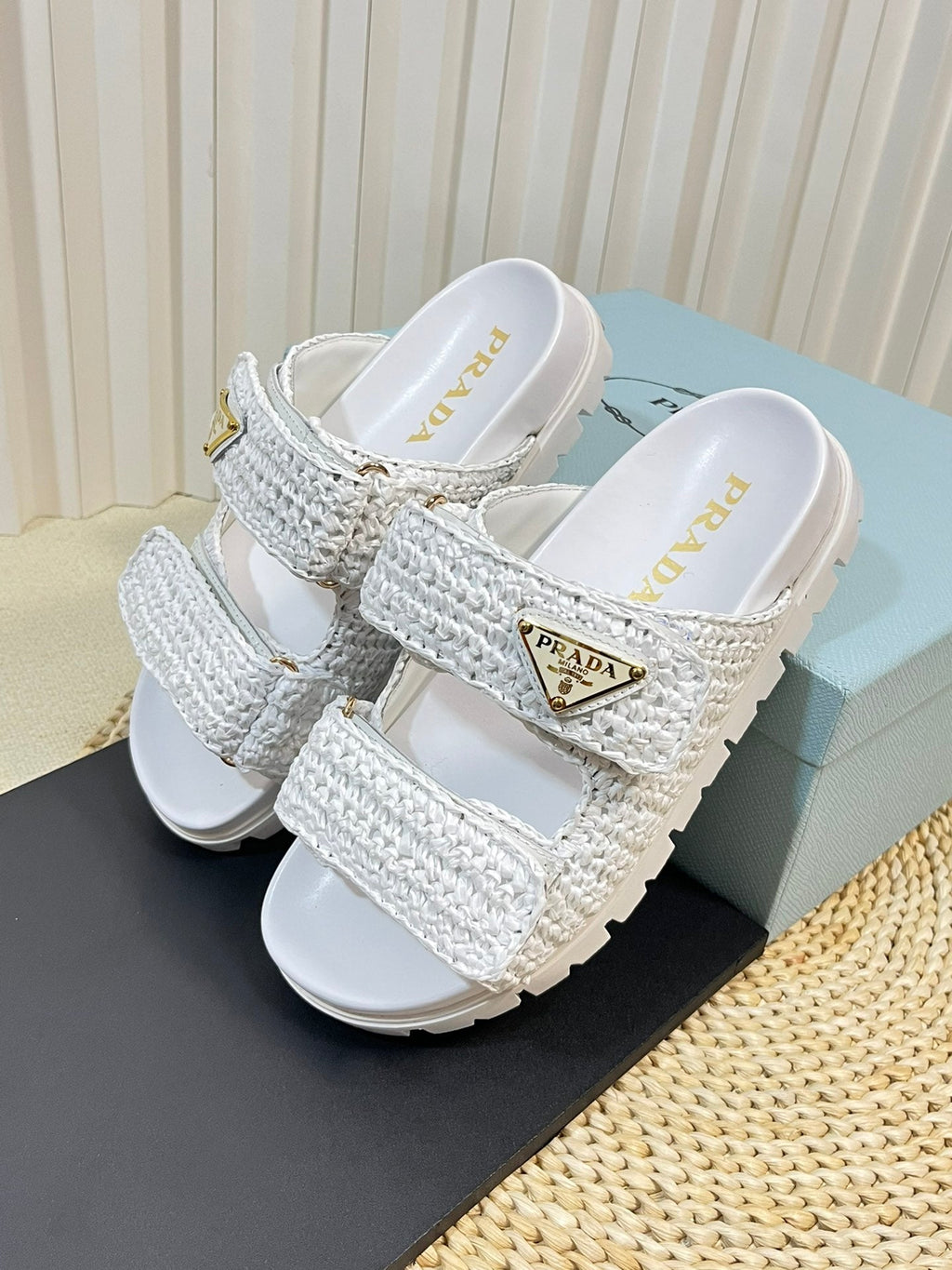 PRADA Pra Raffia Cork Slide 40 White