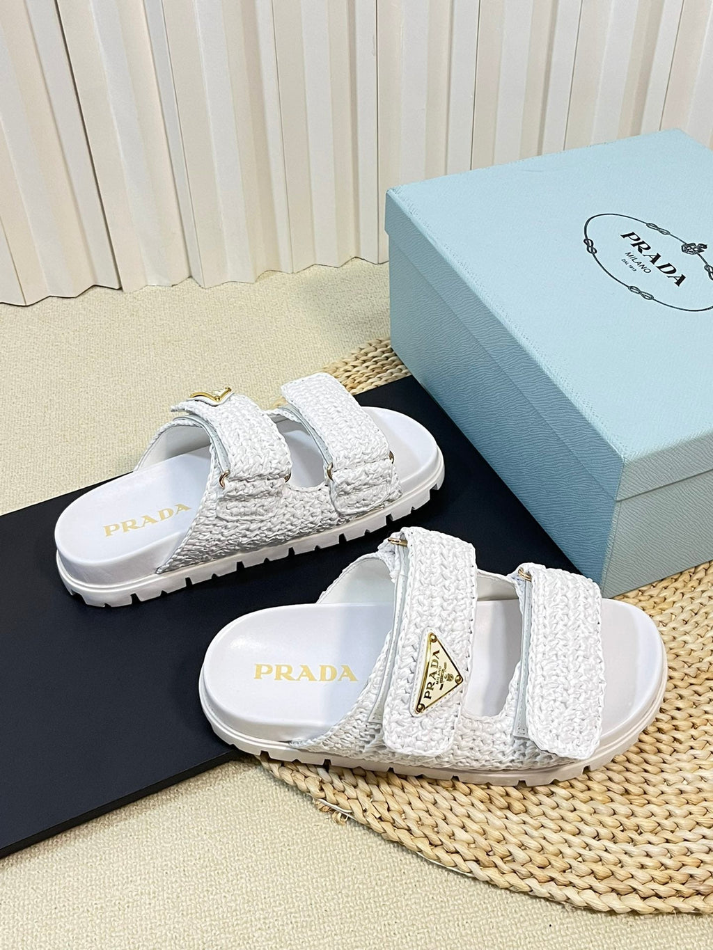 PRADA Pra Raffia Cork Slide 40 White