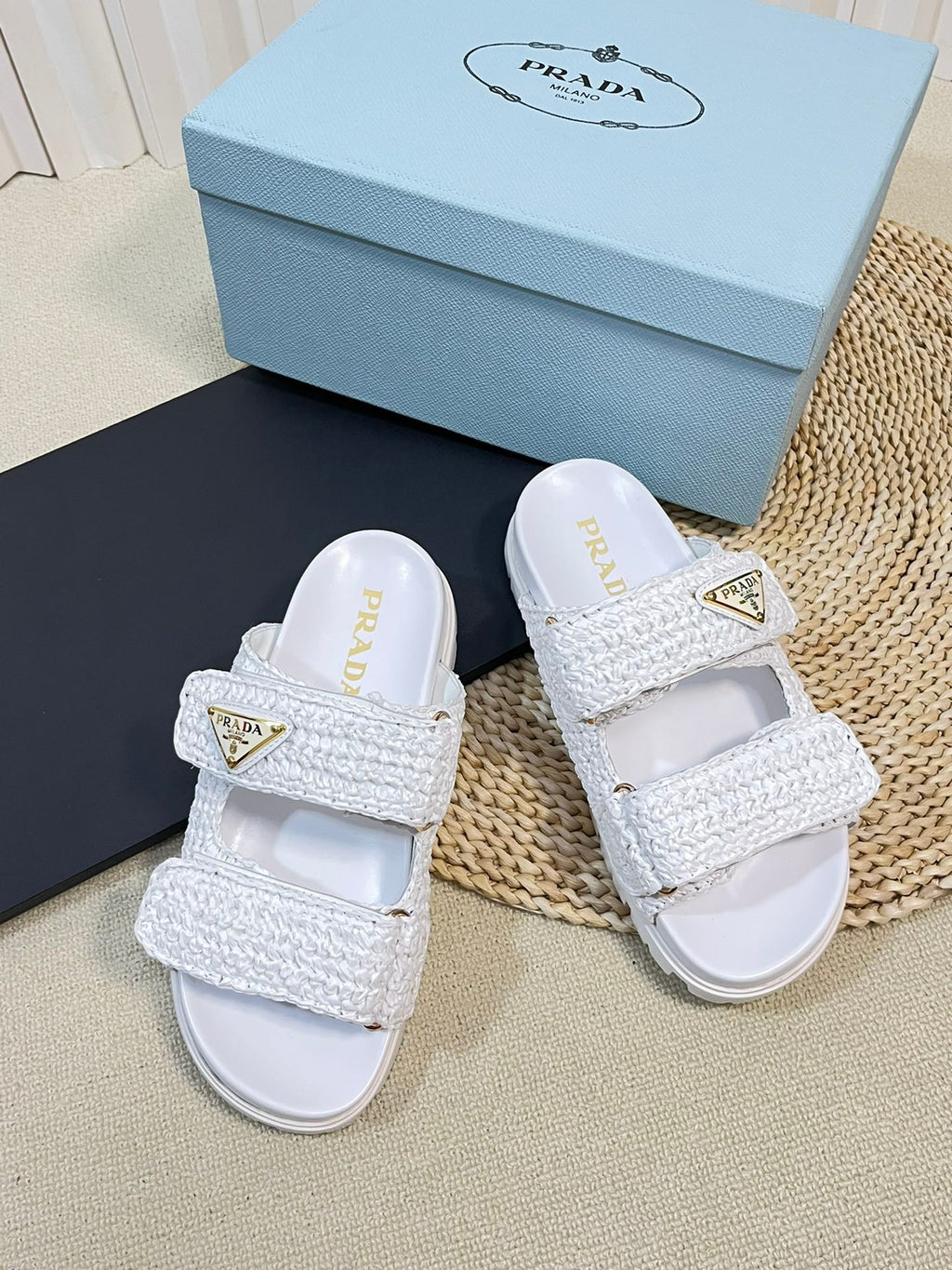 PRADA Pra Raffia Cork Slide 40 White