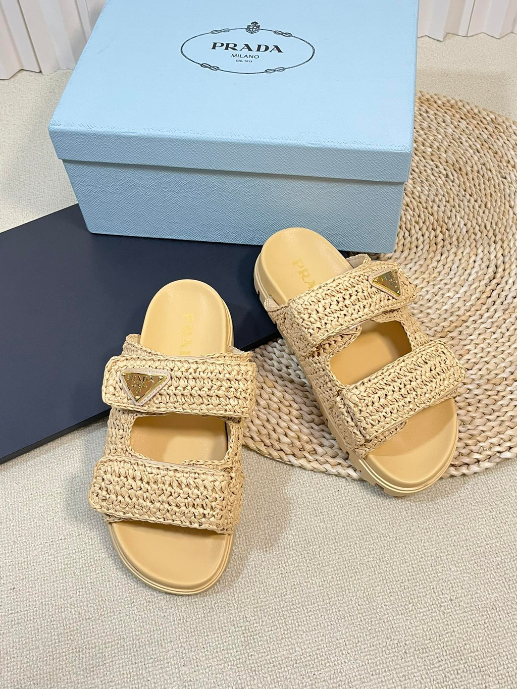 PRADA Pra Raffia Cork Slide 40 Beige