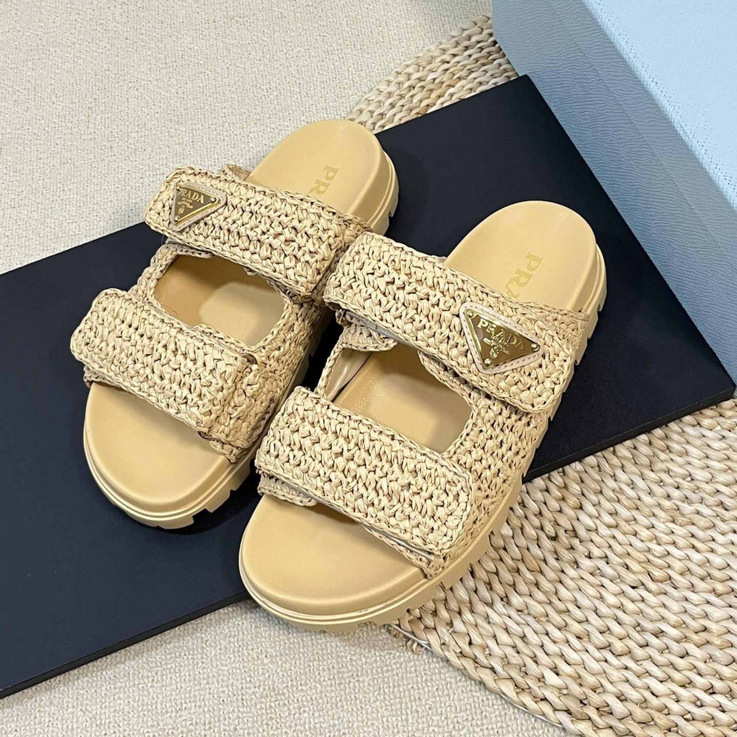 PRADA Pra Raffia Cork Slide 40 Beige