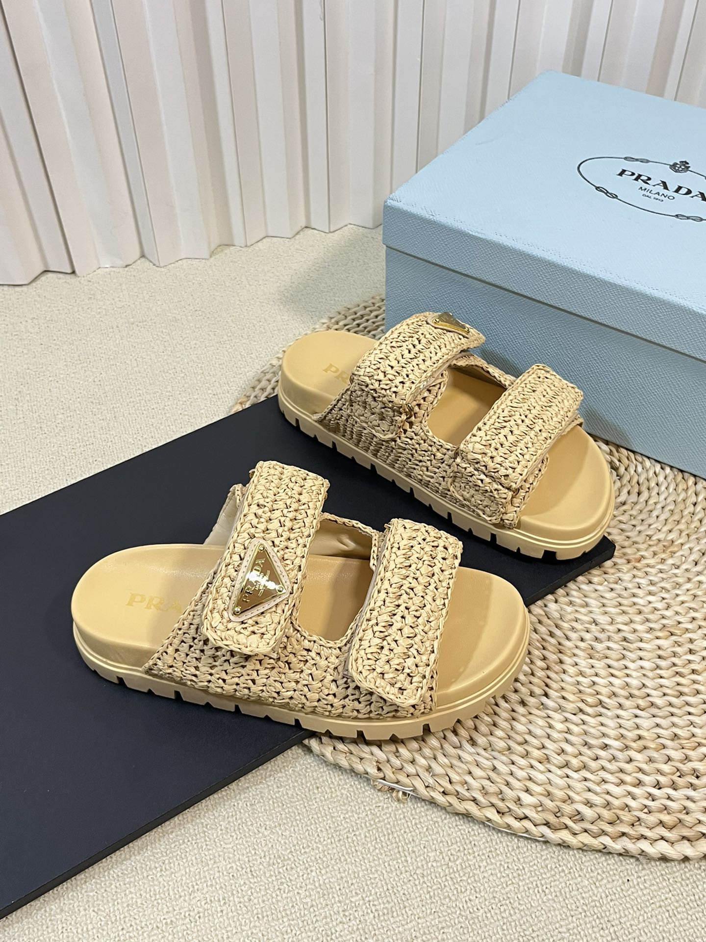 PRADA Pra Raffia Cork Slide 40 Beige