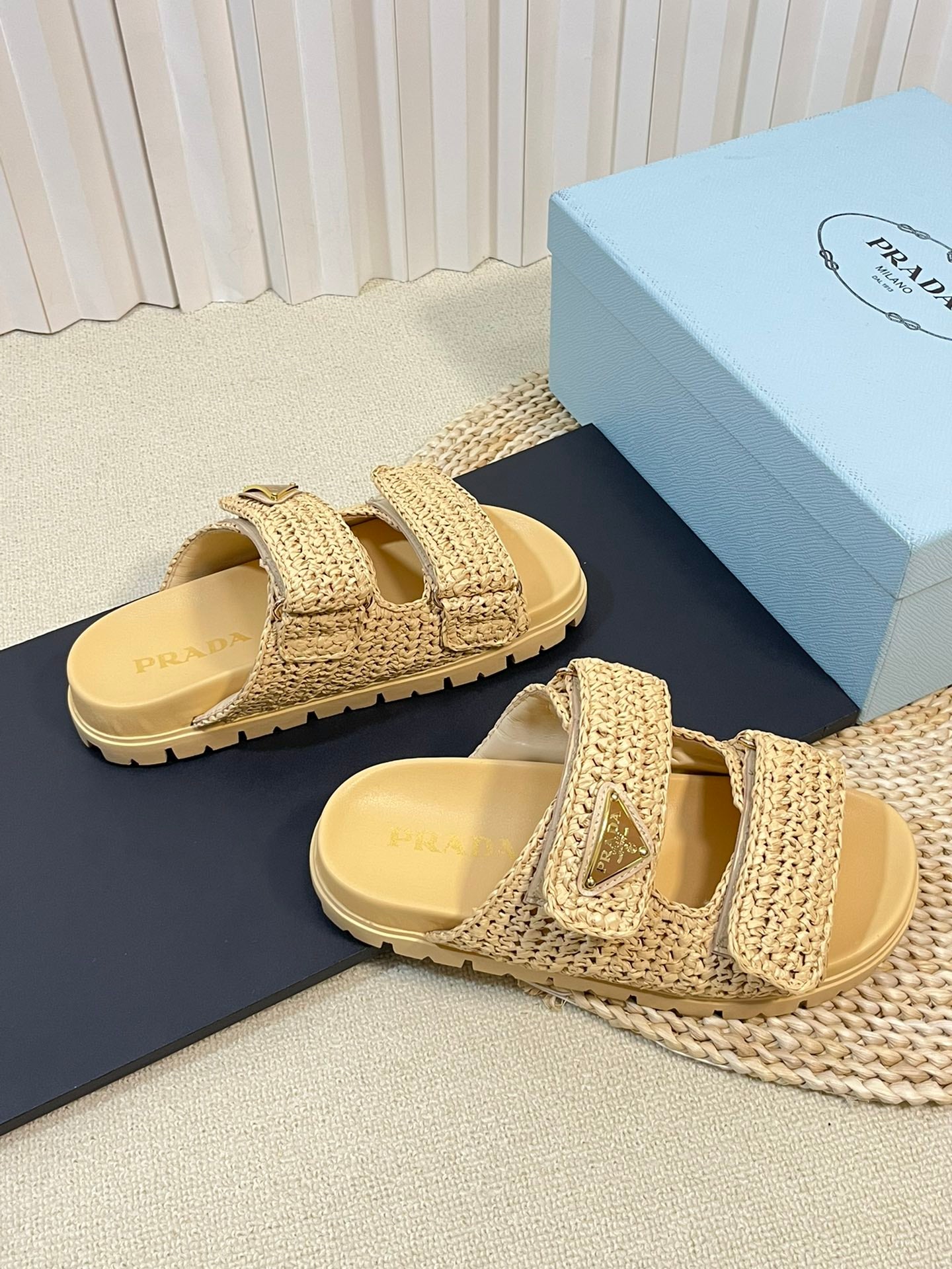 PRADA Pra Raffia Cork Slide 40 Beige