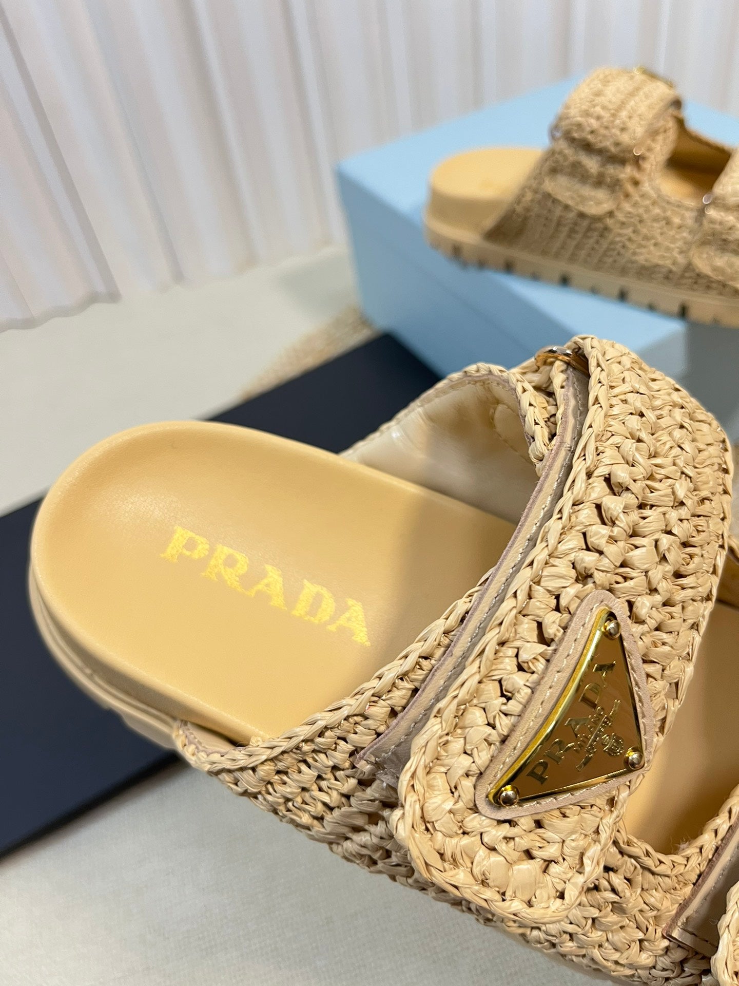 PRADA Pra Raffia Cork Slide 40 Beige