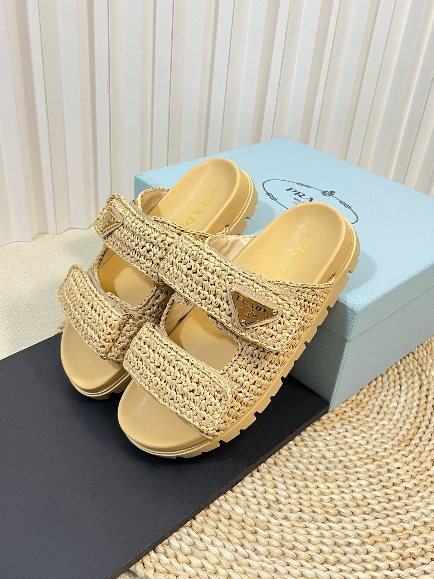 PRADA Pra Raffia Cork Slide 40 Beige