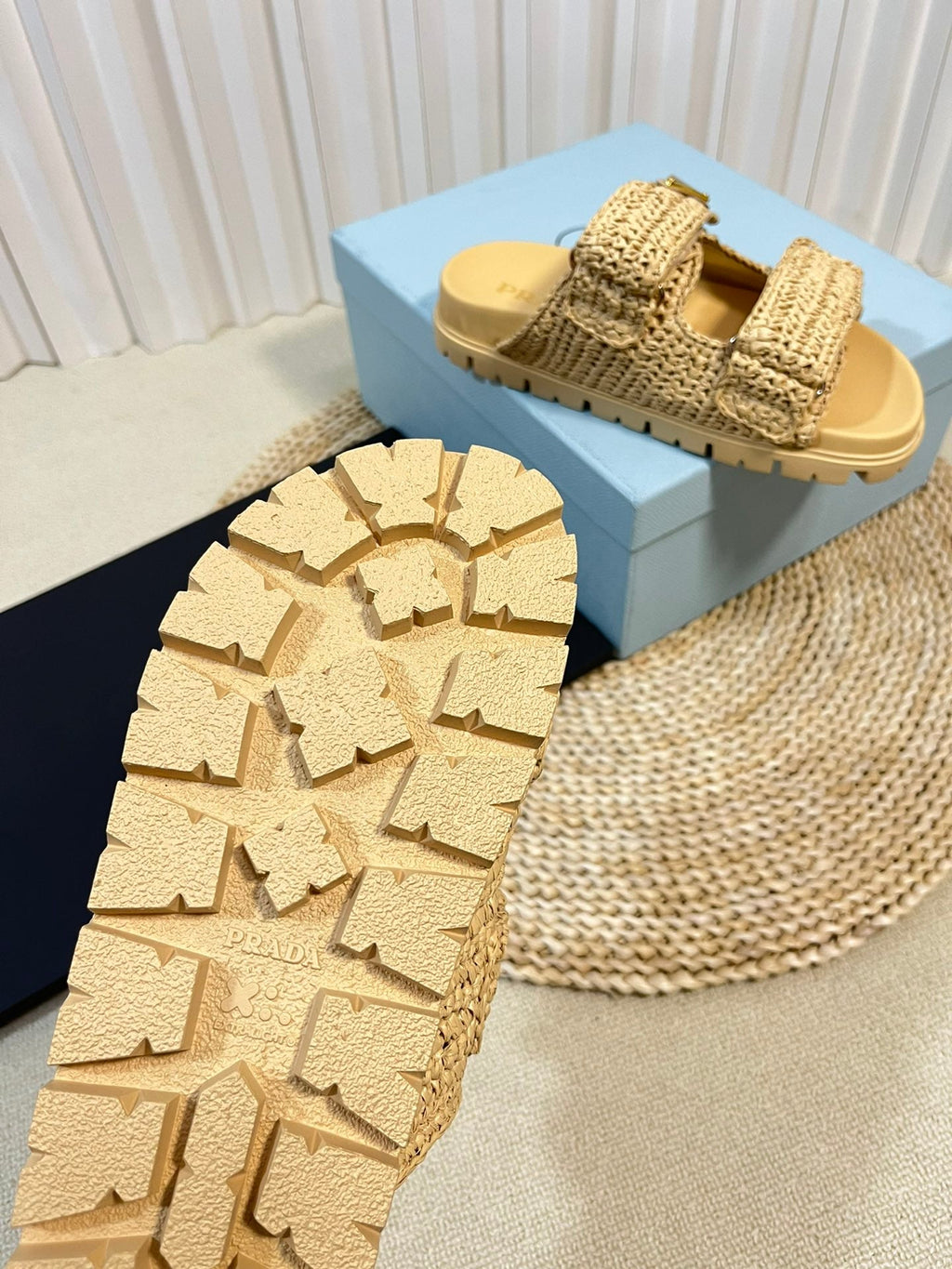 PRADA Pra Raffia Cork Slide 40 Beige