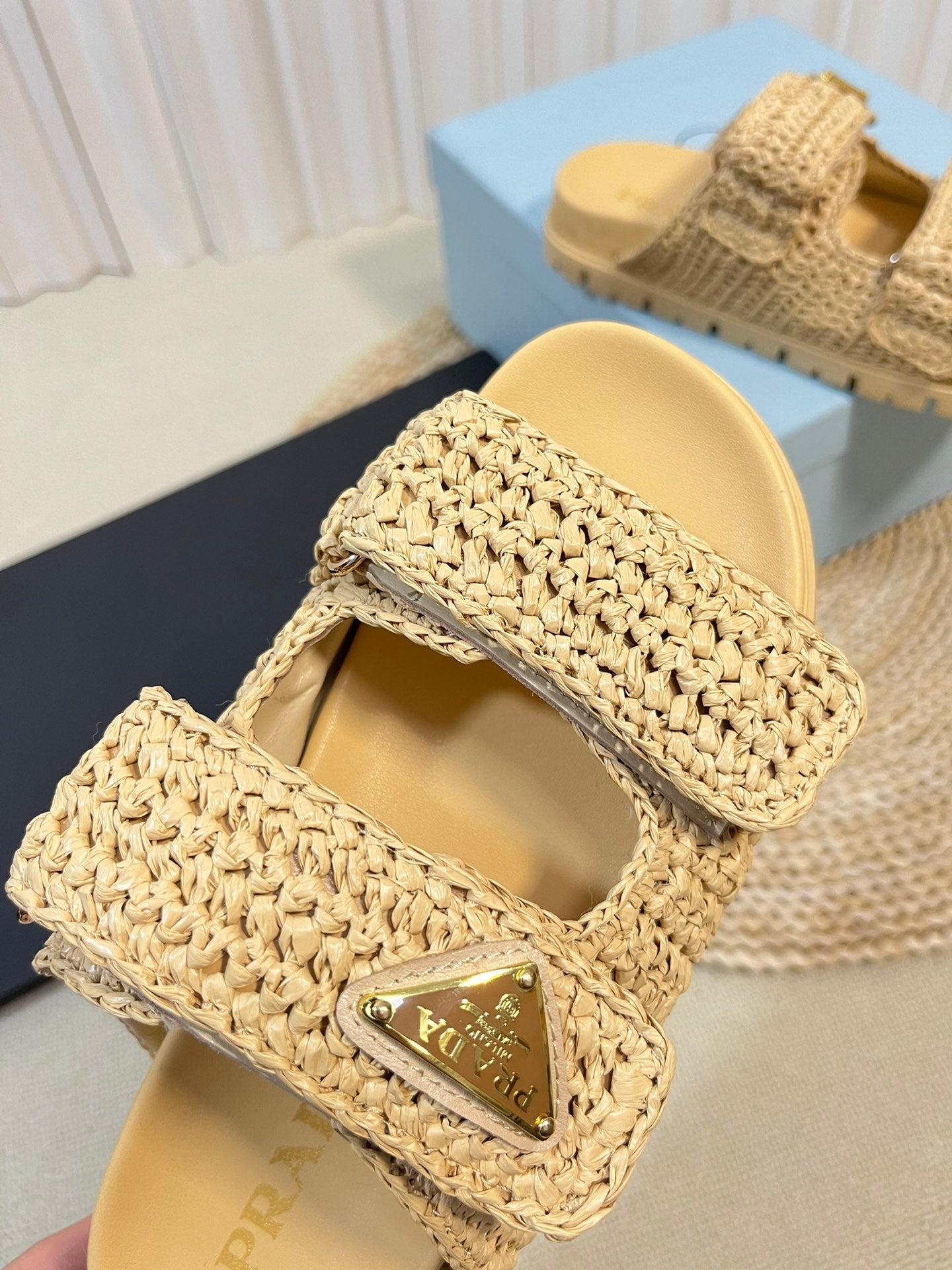 PRADA Pra Raffia Cork Slide 40 Beige