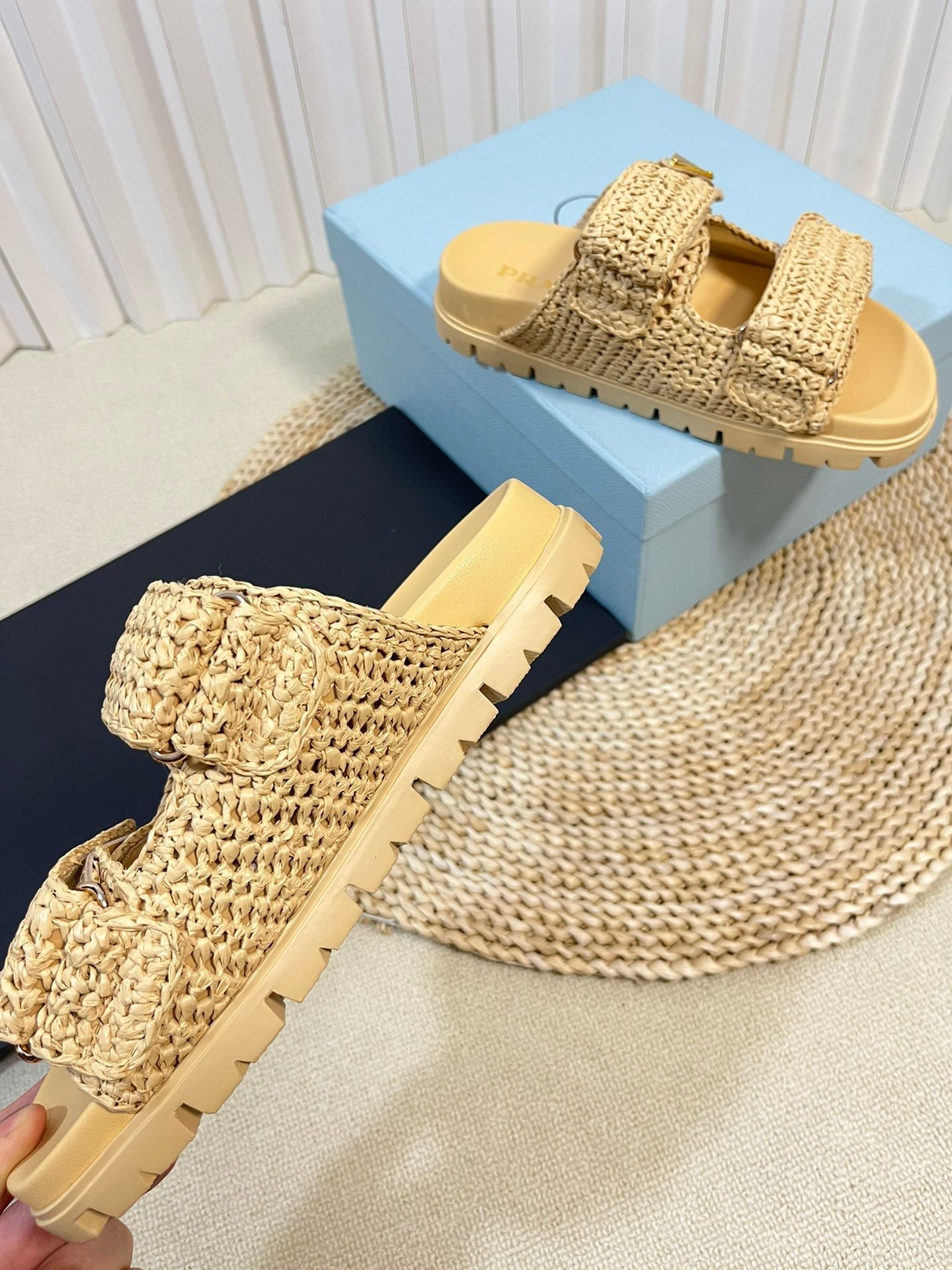 PRADA Pra Raffia Cork Slide 40 Beige