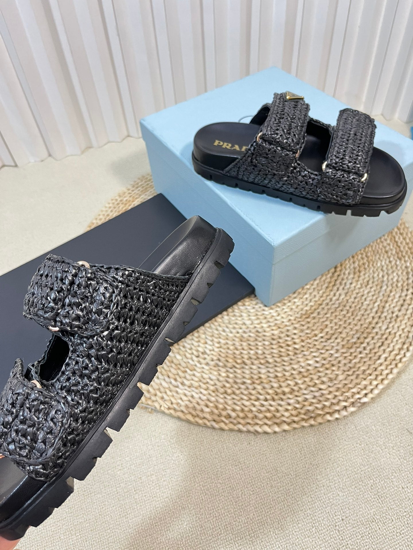 PRADA Pra Raffia Cork Slide 40 Black