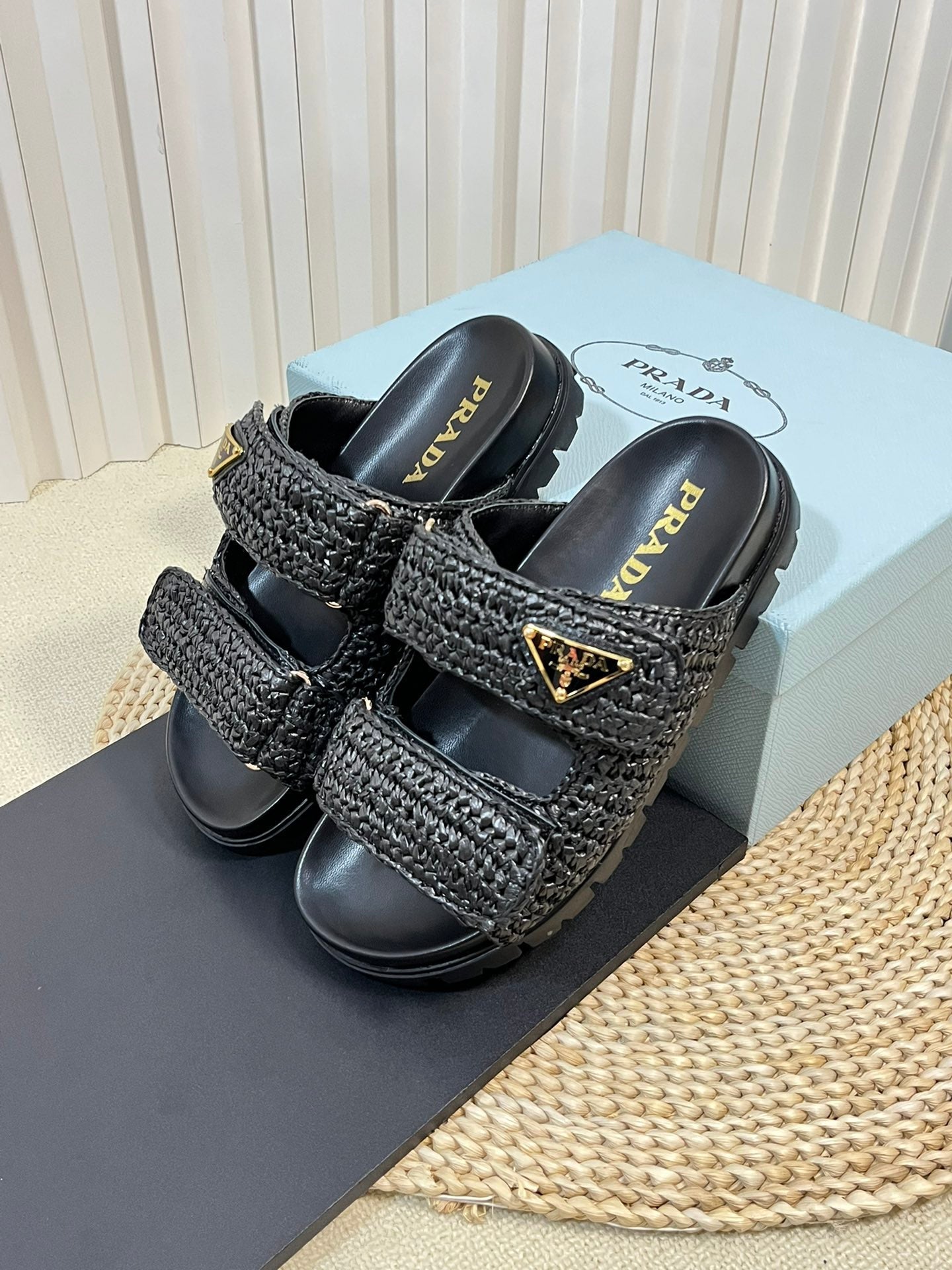PRADA Pra Raffia Cork Slide 40 Black
