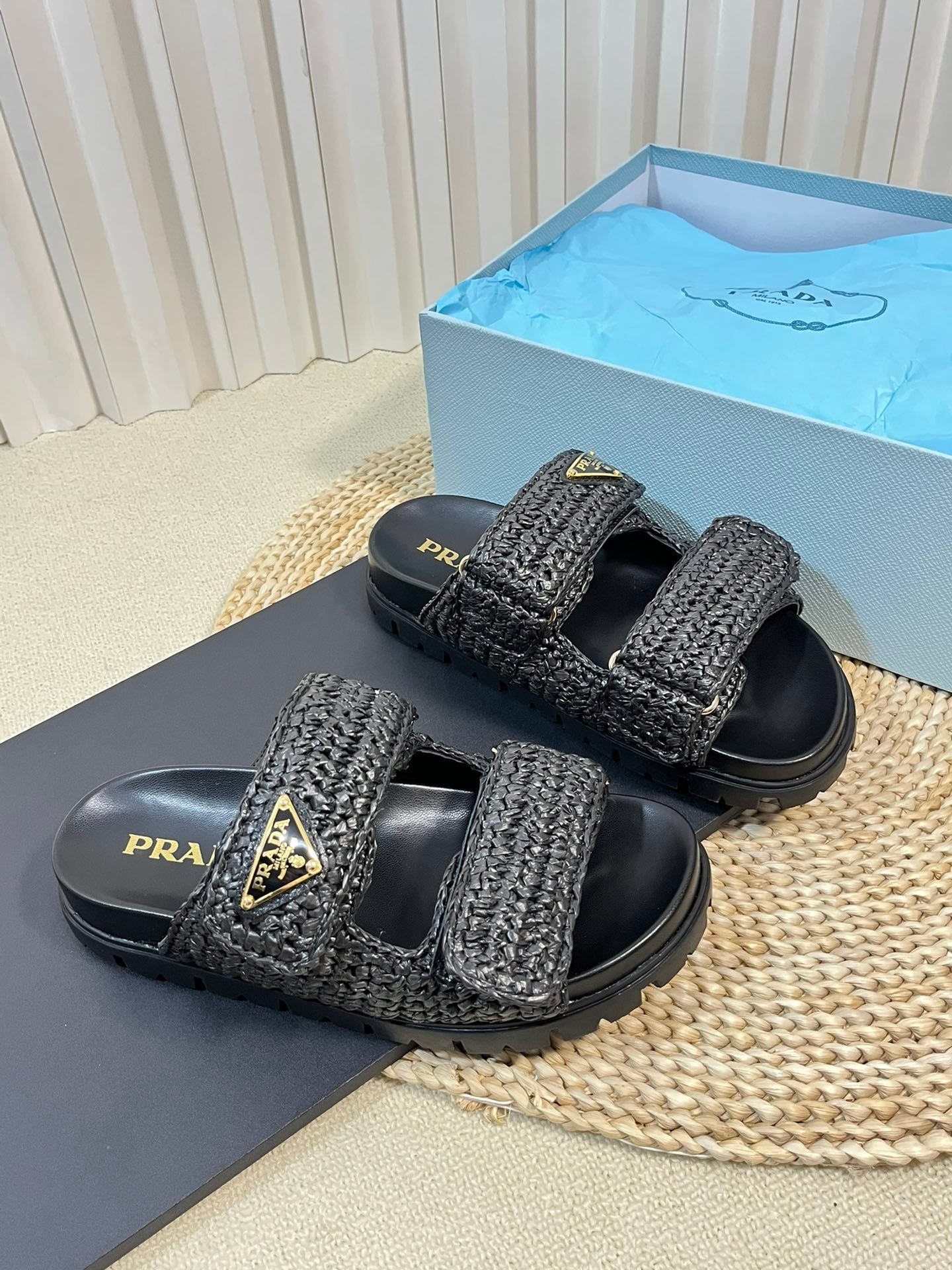 PRADA Pra Raffia Cork Slide 40 Black