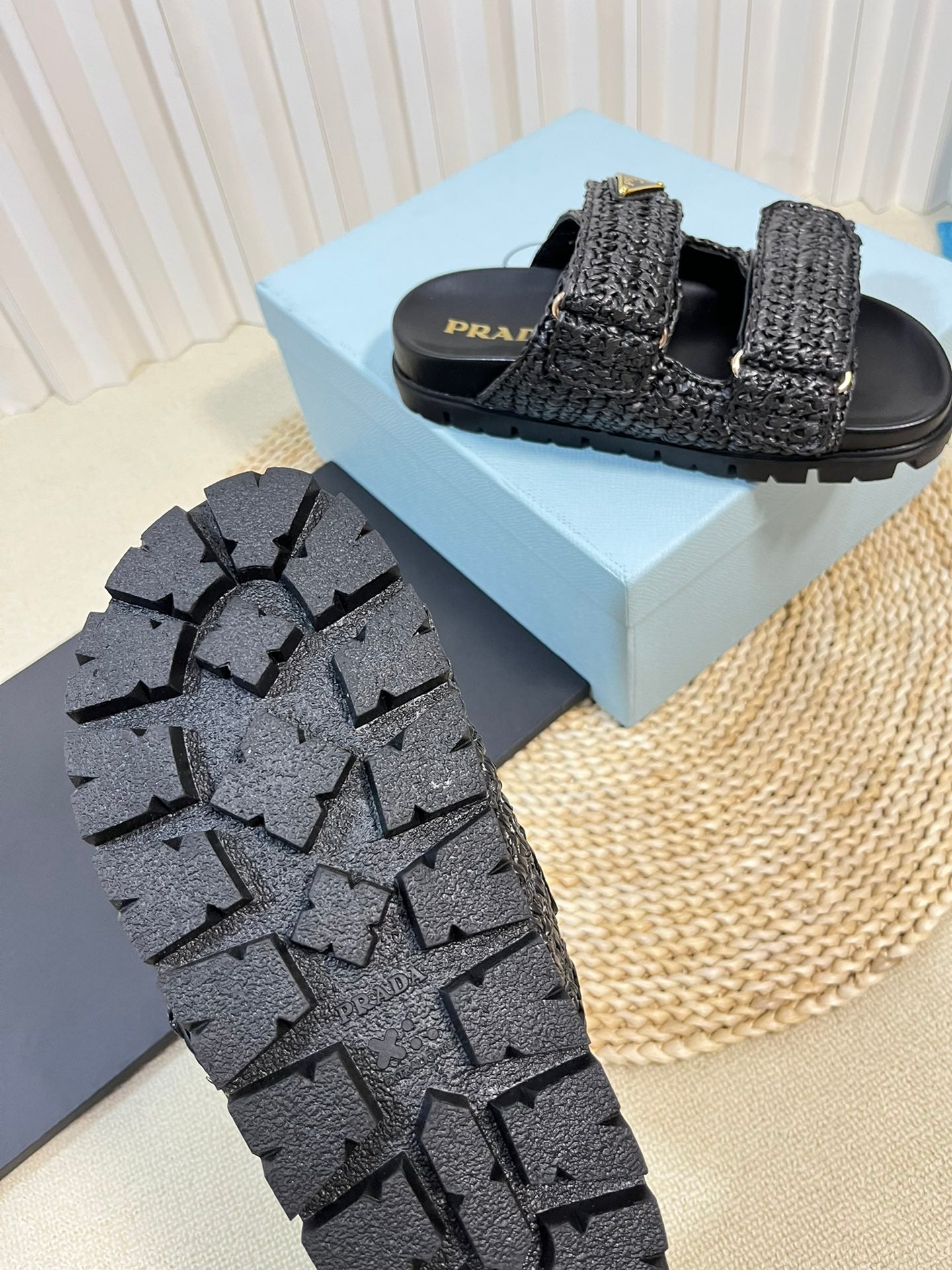 PRADA Pra Raffia Cork Slide 40 Black