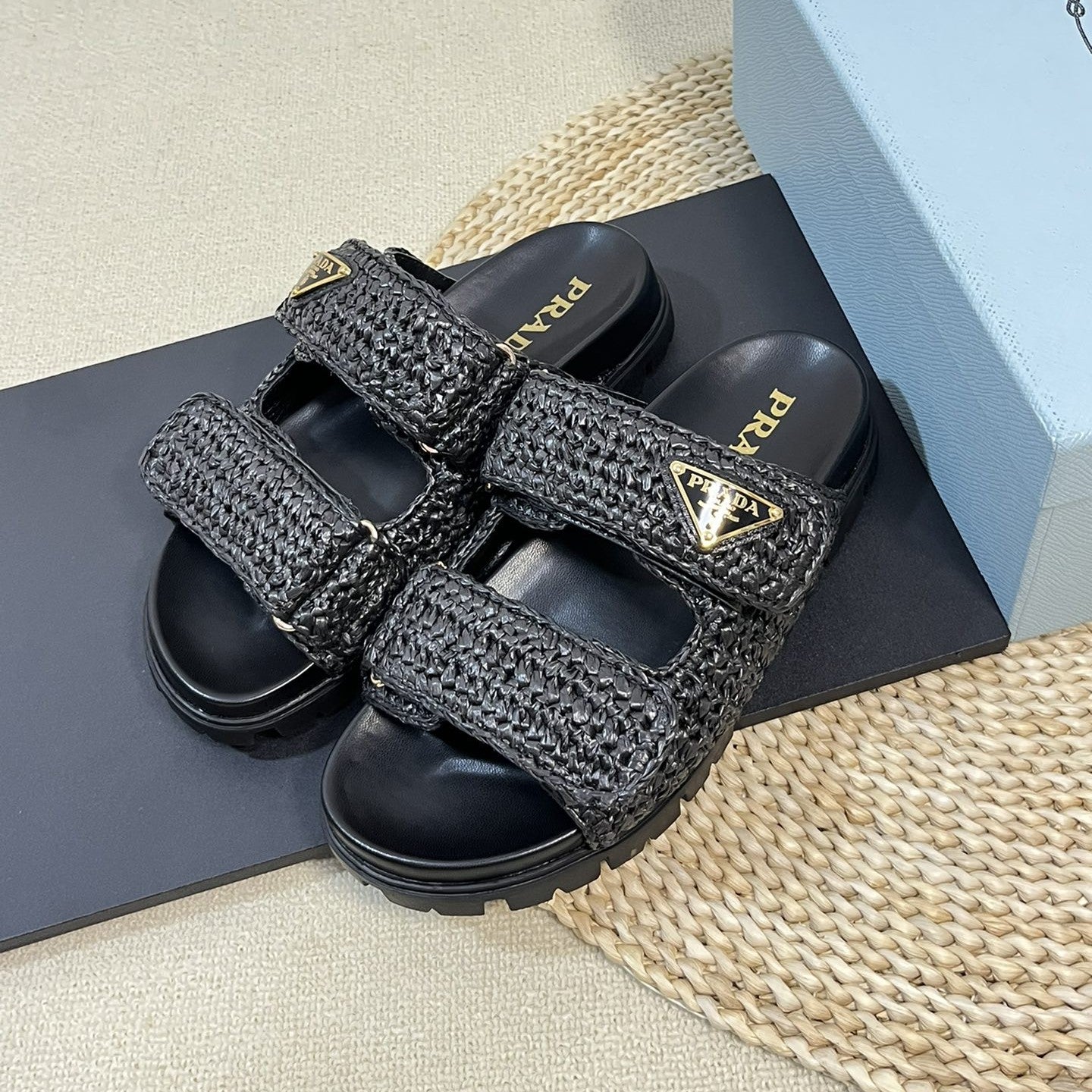 PRADA Pra Raffia Cork Slide 40 Black