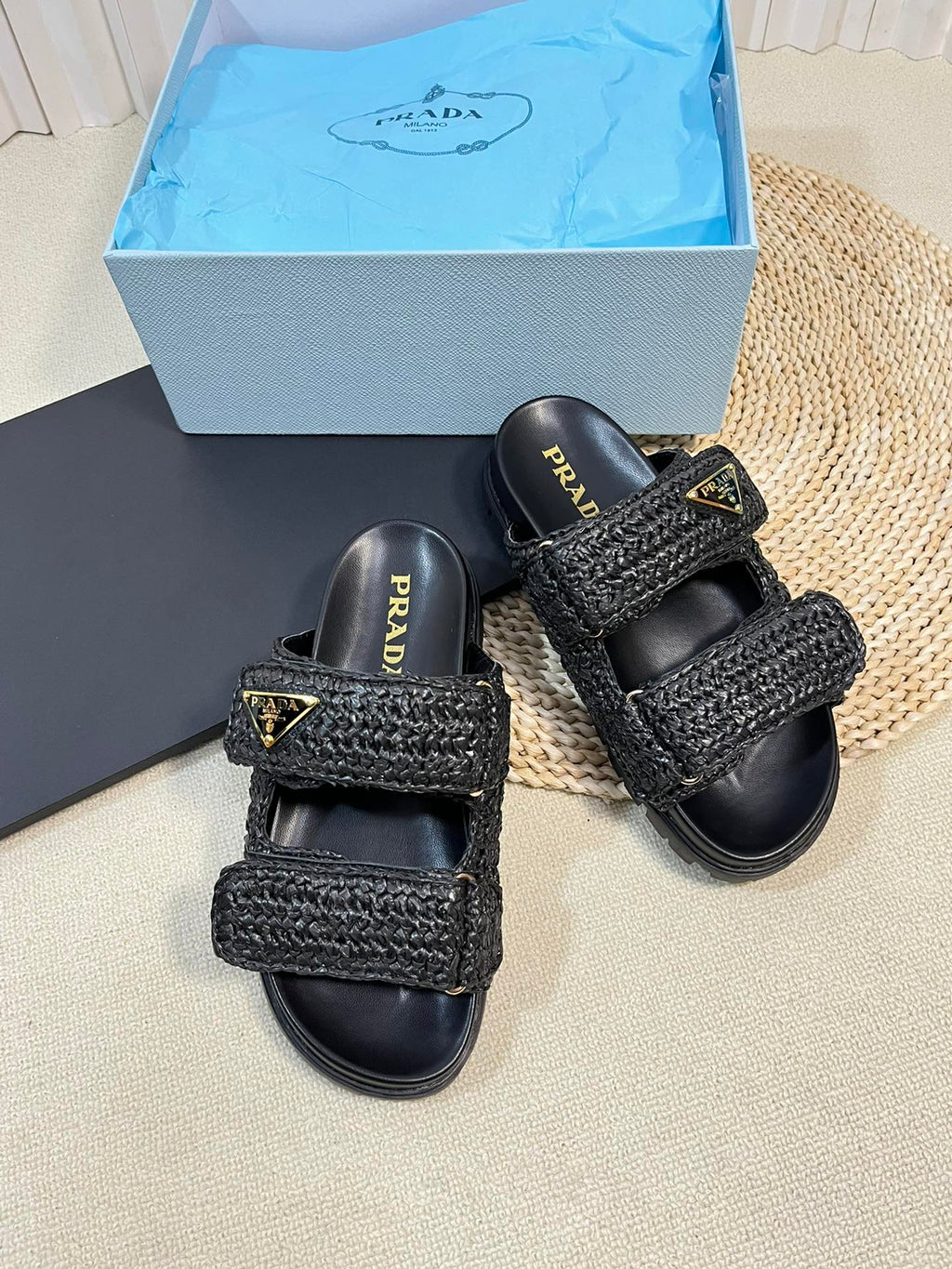 PRADA Pra Raffia Cork Slide 40 Black