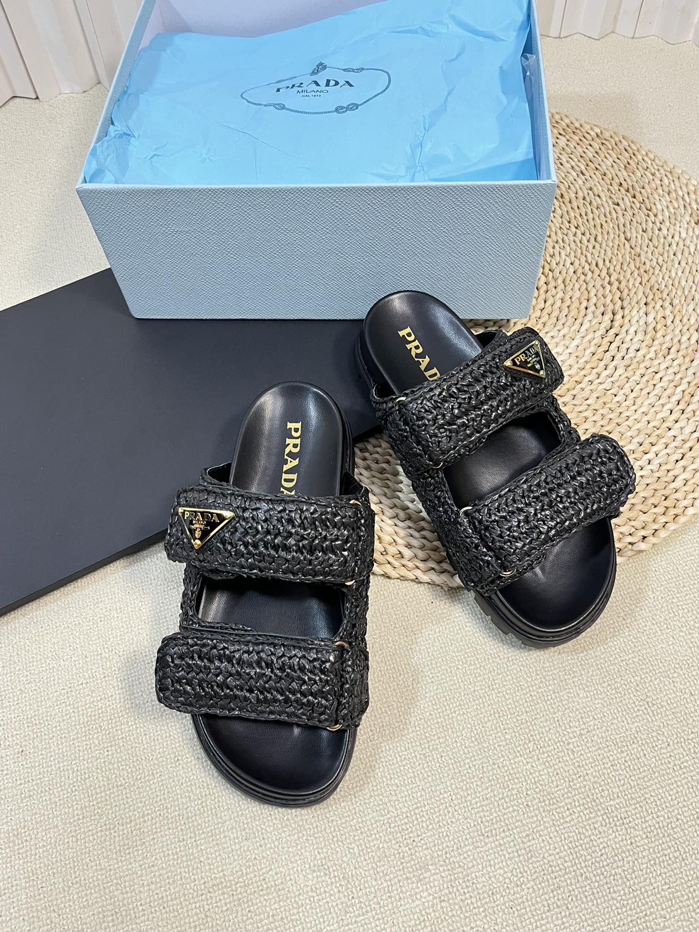 PRADA Pra Raffia Cork Slide 40 Black