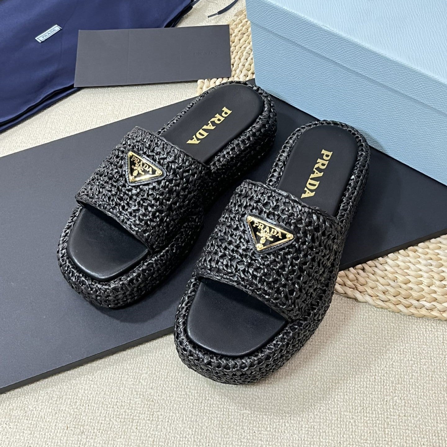 PRADA Crochet Flatform Slides 40 Black