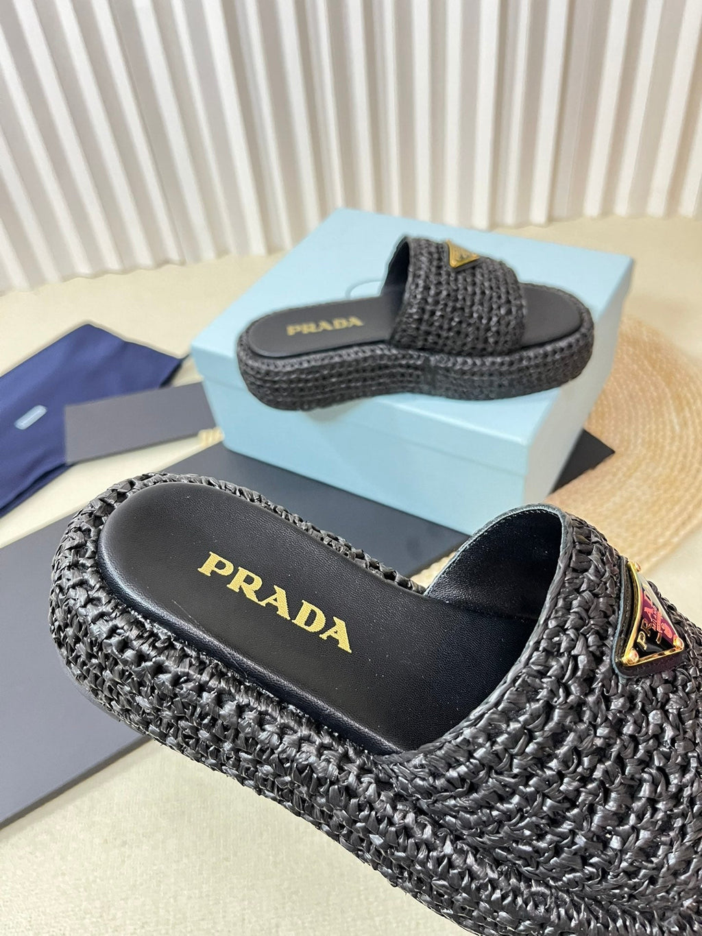 PRADA Crochet Flatform Slides 40 Black