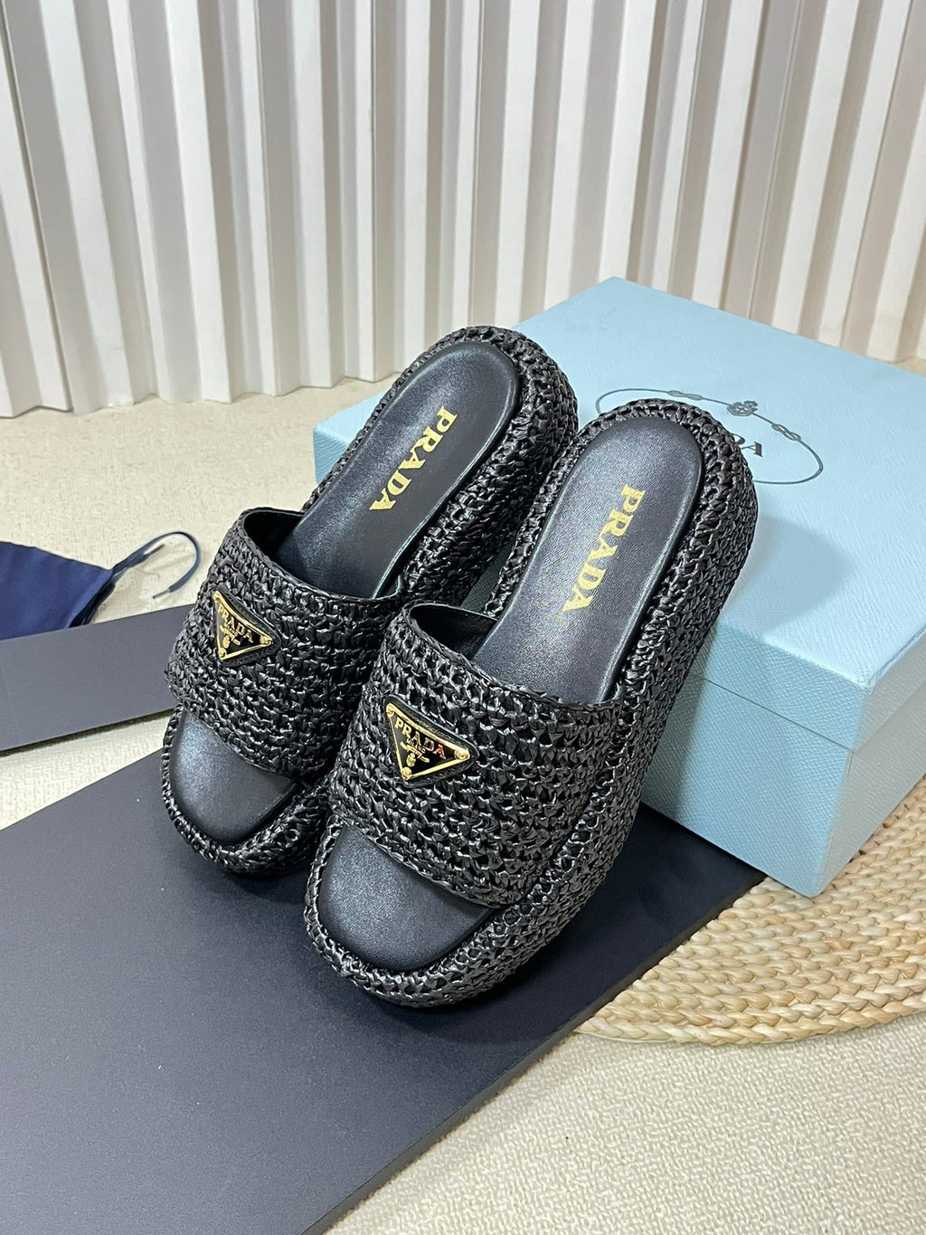 PRADA CROCHET FLATFORM SLIDES BLACK RAFFIA