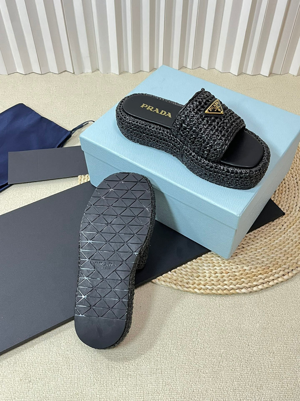 PRADA Crochet Flatform Slides 40 Black