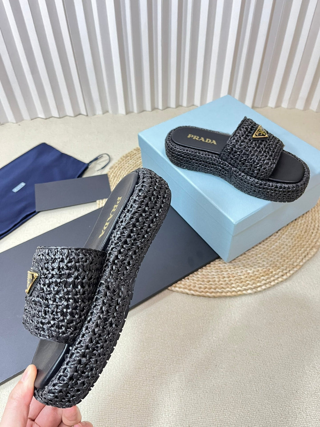 PRADA Crochet Flatform Slides 40 Black